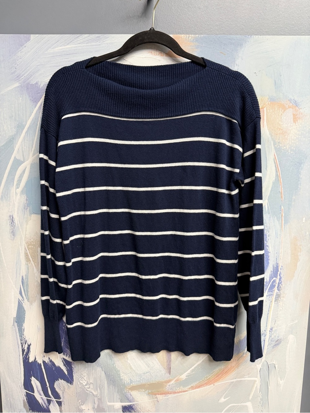 Chaps Ralph Lauren Navy Blue Striped Knit Sweater Women’s M Preppy Boatneck